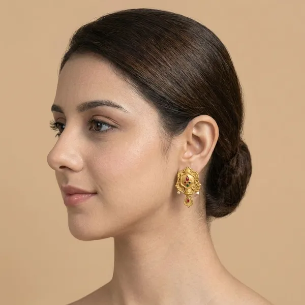 Elegant_Traditional_Gold_Plated_Red_&_Green_Stone_Stud_Earrings_For_Women
