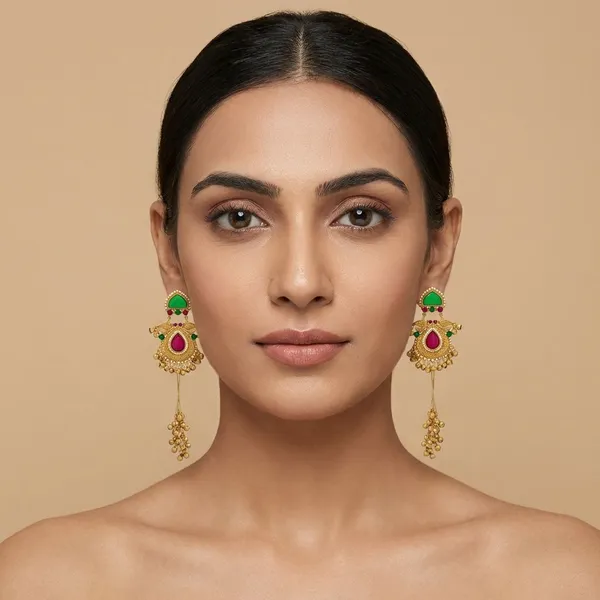 Antique_Gold_Green_Ruby_Jhumka_Drop_Earrings