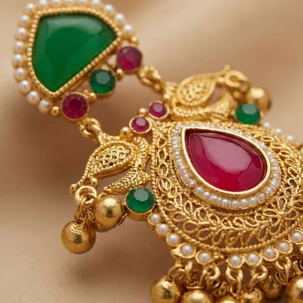 Antique_Gold_Green_Ruby_Jhumka_Drop_Earrings
