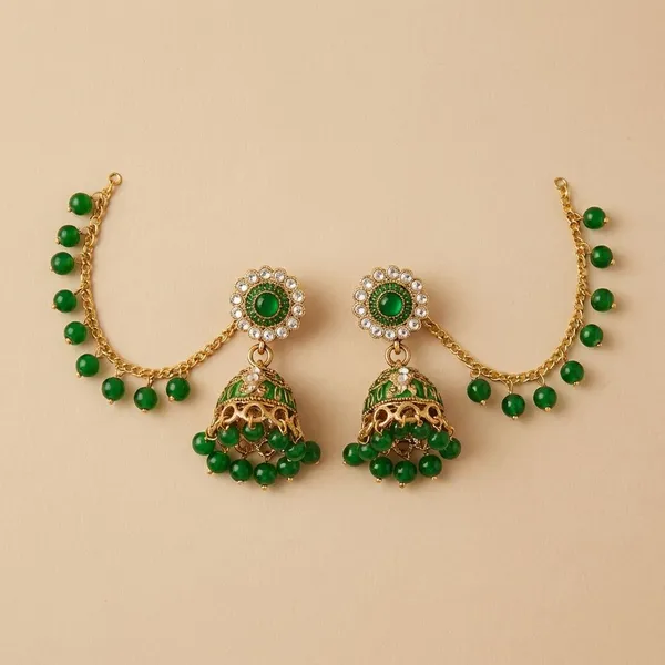 Royal_Gold_Plated_Green_Stone_Jhumka_Earrings_With_Sahara_Ear_Chains_For_Women_&_Girls