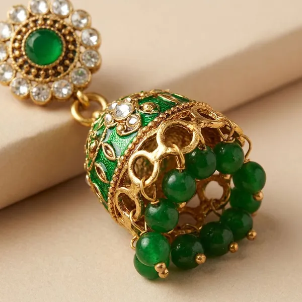 Royal_Gold_Plated_Green_Stone_Jhumka_Earrings_With_Sahara_Ear_Chains_For_Women_&_Girls