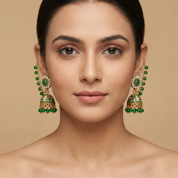 Royal_Gold_Plated_Green_Stone_Jhumka_Earrings_With_Sahara_Ear_Chains_For_Women_&_Girls