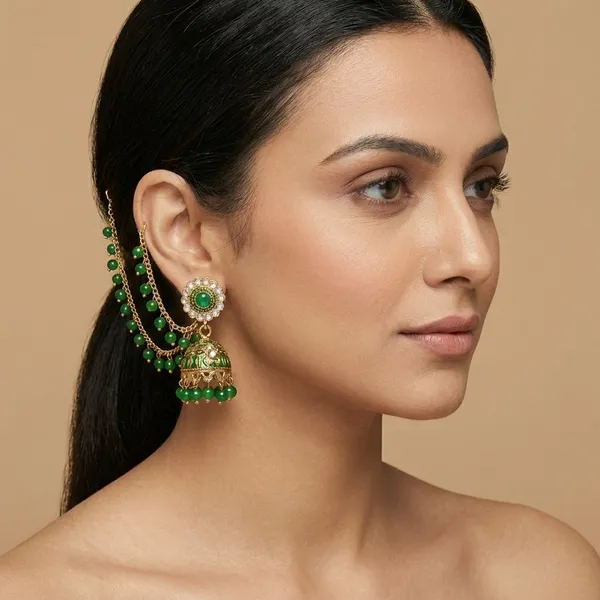 Royal_Gold_Plated_Green_Stone_Jhumka_Earrings_With_Sahara_Ear_Chains_For_Women_&_Girls