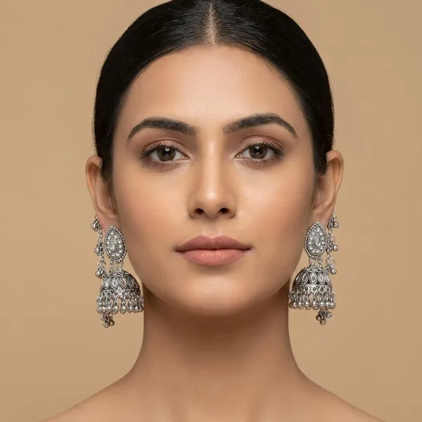 Royal_Oxidized_Silver_Dome_Jhumkas_With_Sahara_Ear_Chain_–_Women_&_Girls