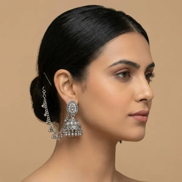 Royal_Oxidized_Silver_Dome_Jhumkas_With_Sahara_Ear_Chain_–_Women_&_Girls