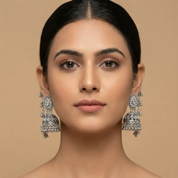 Royal_Oxidized_Silver_Dome_Jhumkas_With_Sahara_Ear_Chain_–_Women_&_Girls
