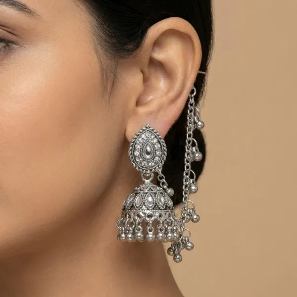 Royal_Oxidized_Silver_Dome_Jhumkas_With_Sahara_Ear_Chain_–_Women_&_Girls