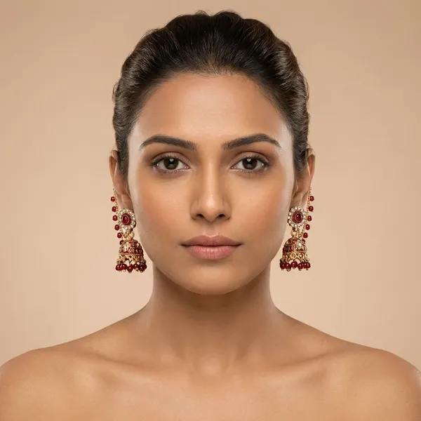Royal_Gold_Plated_Maroon_Stone_Jhumka_Earrings_With_Sahara_Ear_Chains_For_Women_&_Girls