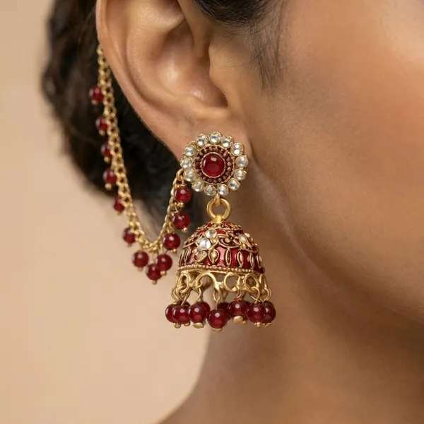 Royal_Gold_Plated_Maroon_Stone_Jhumka_Earrings_With_Sahara_Ear_Chains_For_Women_&_Girls