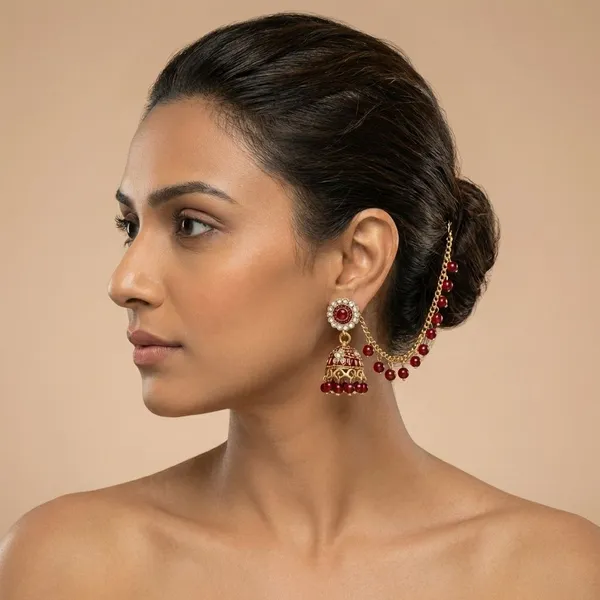Royal_Gold_Plated_Maroon_Stone_Jhumka_Earrings_With_Sahara_Ear_Chains_For_Women_&_Girls