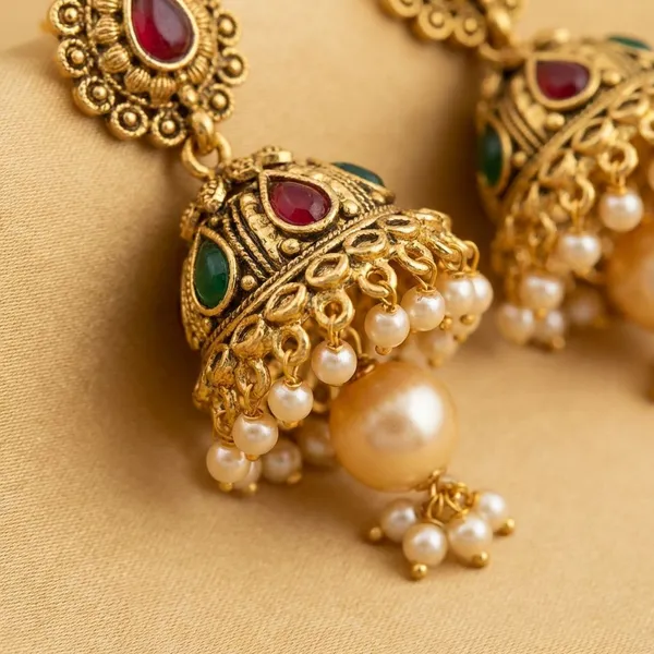 Ranihaar_Gold_Plated_Kundan_Jhumkas_With_Pearl_Drops