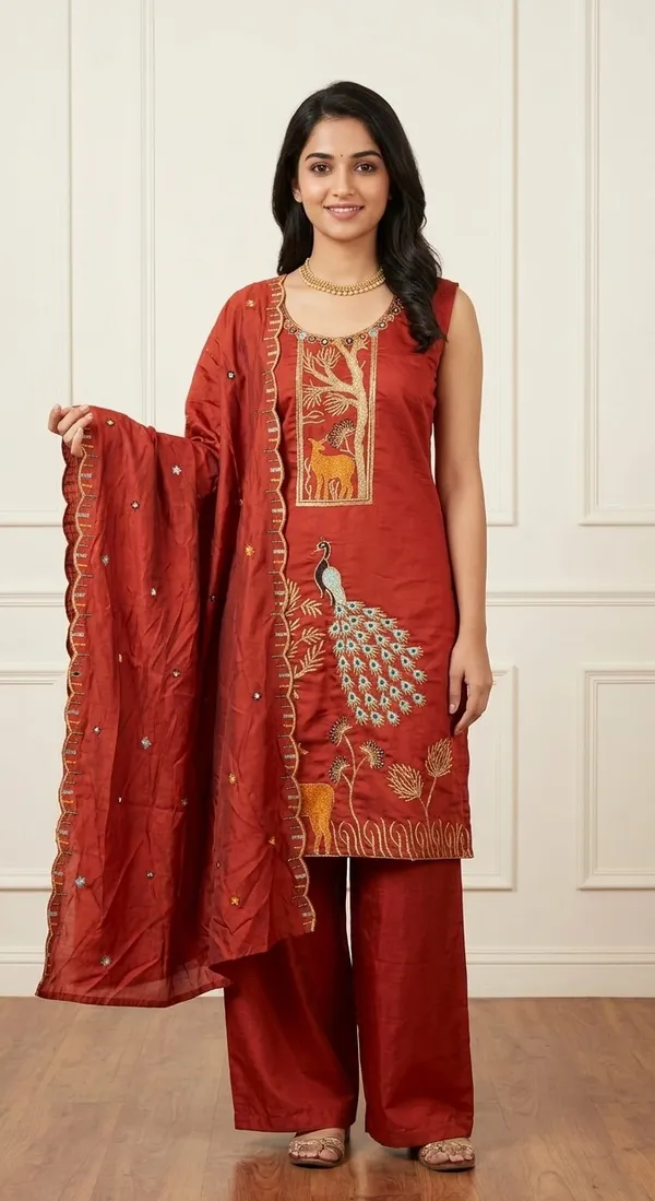 Rust_Georgette_Peacock_Embroidered_Kurti_Pant_Dupatta_Set_For_Women