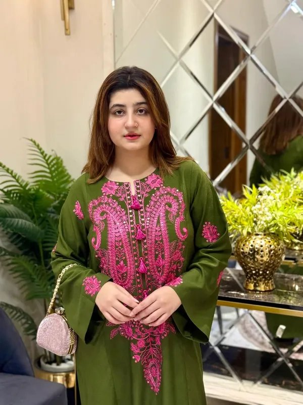 Olive_Green_Georgette_Embroidered_Straight_Kurti_Pant_Set_For_Women