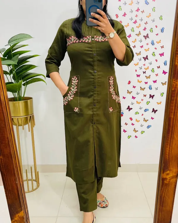 Olive_Green_Georgette_Embroidered_Straight_Kurti_Pant_Set_For_Women