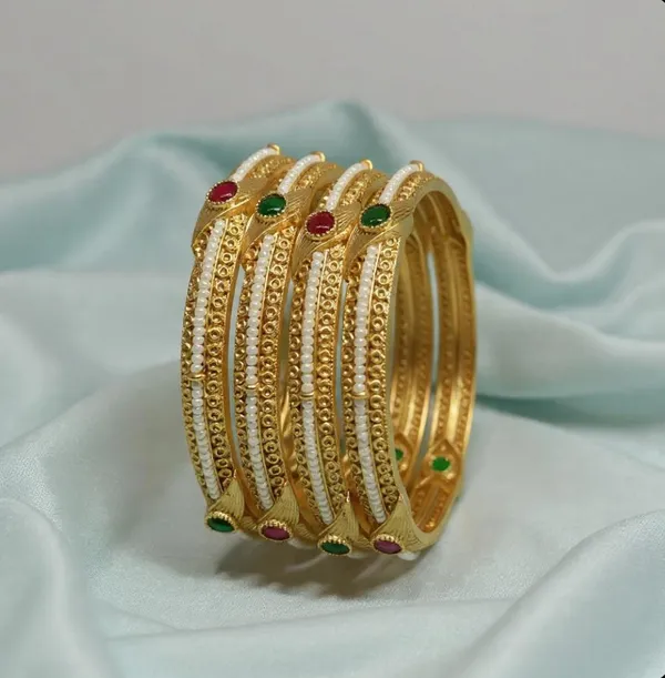 White_Beads_&_Stone_Designer_Copper_Bangles_Set_For_Women_(4_Pcs)
