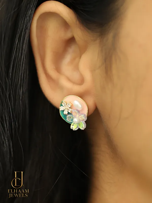 Silver_Traditional_Floral_Pearl_Stud_Earrings_Elegant_Enamel_Design_For_Women