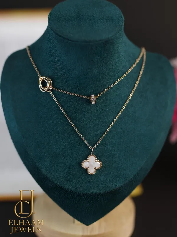 Gold_Traditional_Clover_Pendant_Dual_Chain_Gold_Plated_Necklace_|_Elhaam_Jewels_For_Women