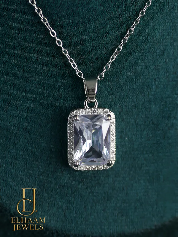 Silver_Traditional_Emerald_Cut_Halo_Solitaire_Diamond_Necklace_And_Stud_Earring_Set_For_Women
