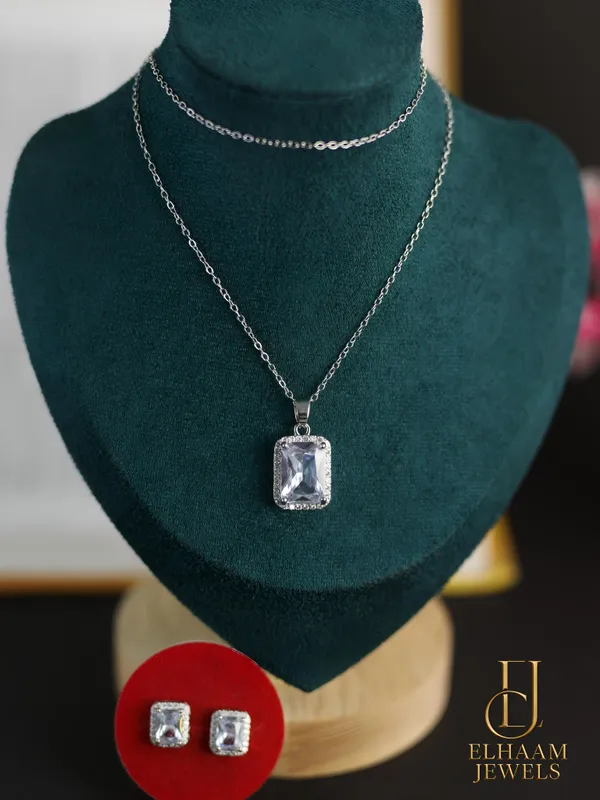 Silver_Traditional_Emerald_Cut_Halo_Solitaire_Diamond_Necklace_And_Stud_Earring_Set_For_Women