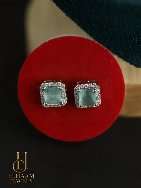 Silver_Traditional_Cushion_Cut_Mint_Green_Halo_Necklace_And_Stud_Earring_Set_For_Women
