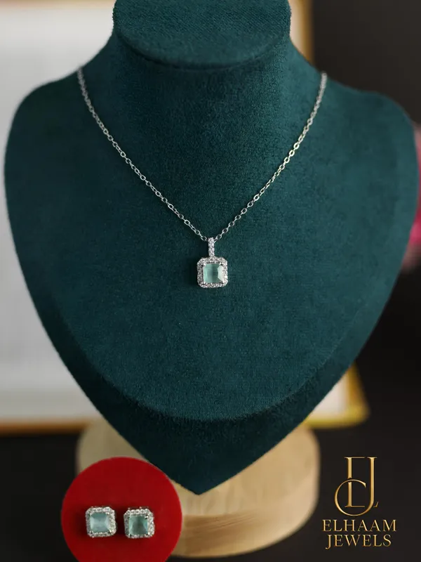 Silver_Traditional_Cushion_Cut_Mint_Green_Halo_Necklace_And_Stud_Earring_Set_For_Women