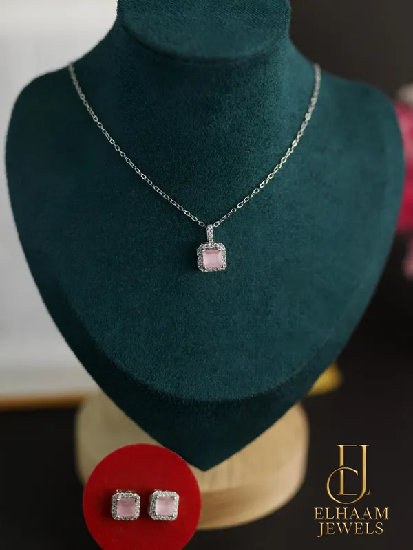 Silver_Traditional_Cushion_Cut_Pink_Solitaire_Halo_Necklace_And_Stud_Earring_Set_For_Women