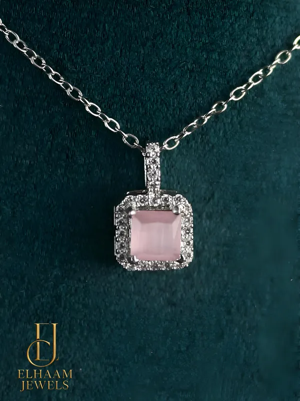 Silver_Traditional_Cushion_Cut_Pink_Solitaire_Halo_Necklace_And_Stud_Earring_Set_For_Women