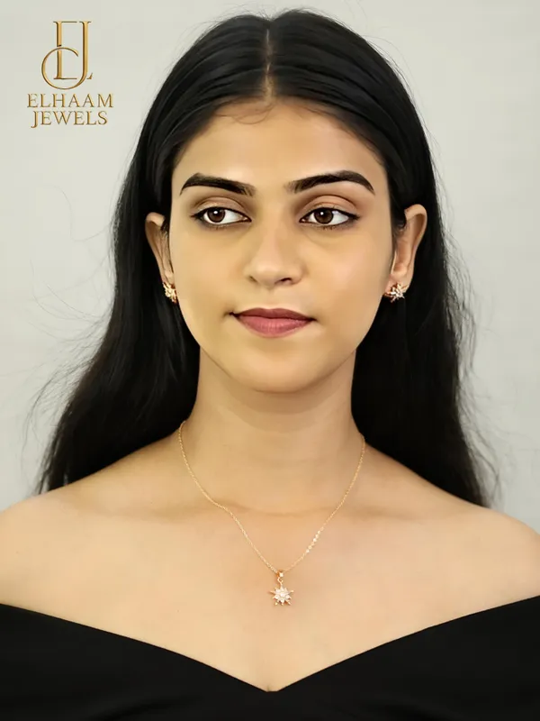 Gold_Traditional_Starburst_Pendant_With_Earrings_Necklace_Set_For_Women