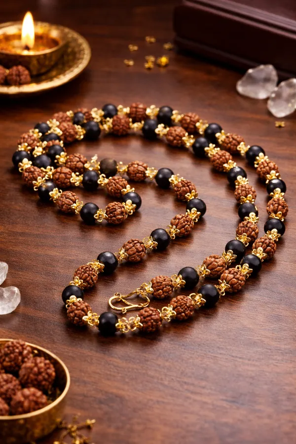 Rudraksha_&_Karungali_Mala_With_Gold_Capping_For_Protection,_Power_&_Spiritual_Balance