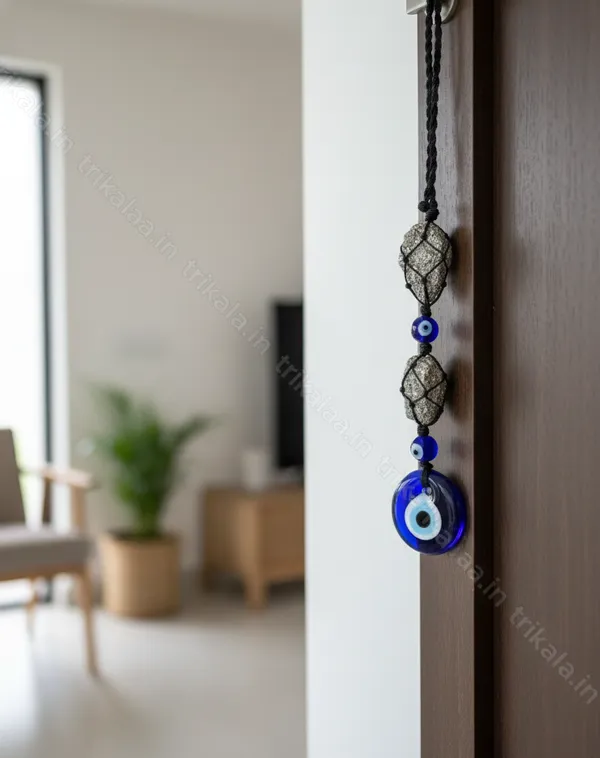 Pyrite_Cluster_Hanging_With_Evil_Eye_Charm_–_Protection_&_Prosperity_Guard_(Car_&_Home)