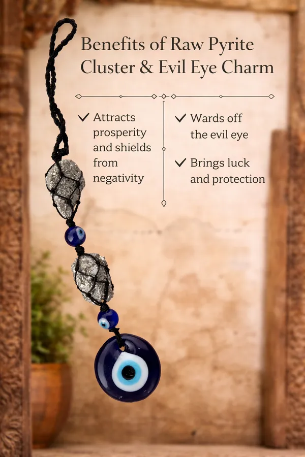 Pyrite_Cluster_Hanging_With_Evil_Eye_Charm_–_Protection_&_Prosperity_Guard_(Car_&_Home)