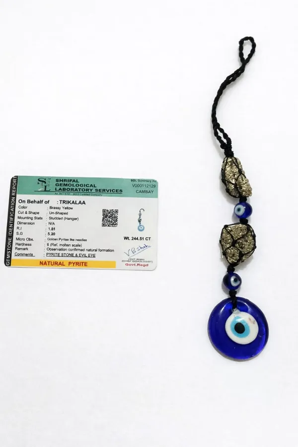 Pyrite_Cluster_Hanging_With_Evil_Eye_Charm_–_Protection_&_Prosperity_Guard_(Car_&_Home)