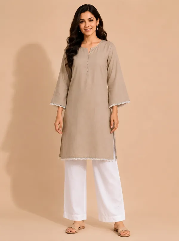 Beige_Kurta_&_White_Pant_Set_with_Lace_Detailing