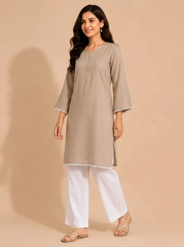 Beige_Kurta_&_White_Pant_Set_with_Lace_Detailing
