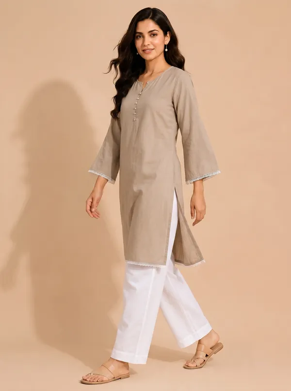 Beige_Kurta_&_White_Pant_Set_with_Lace_Detailing