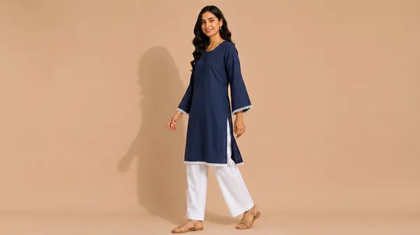 Women's_Navy_Blue_Kurta_&_White_Pant_Set_with_Lace_Detailing