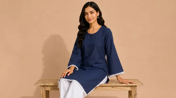 Women's_Navy_Blue_Kurta_&_White_Pant_Set_with_Lace_Detailing