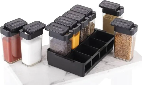 Set_Of_8_Black_Transparent_Multipurpose_Spice_Jar_With_Tray