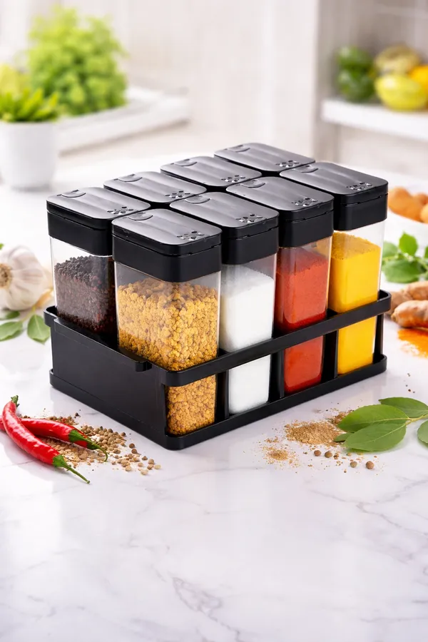 Set_Of_8_Black_Transparent_Multipurpose_Spice_Jar_With_Tray