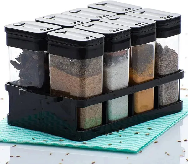 Set_Of_8_Black_Transparent_Multipurpose_Spice_Jar_With_Tray