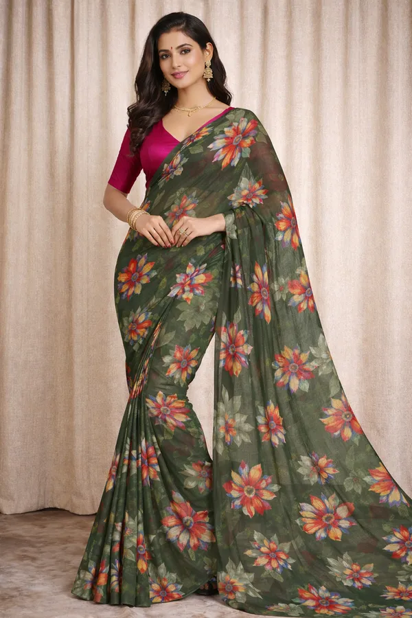Moss_Green_Floral_Print_georgette_Saree