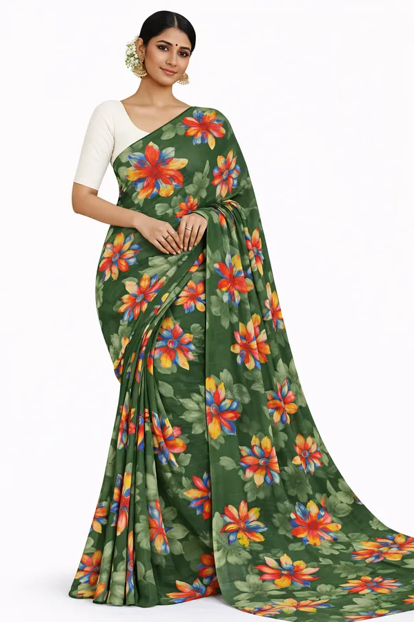 Moss_Green_Floral_Print_georgette_Saree