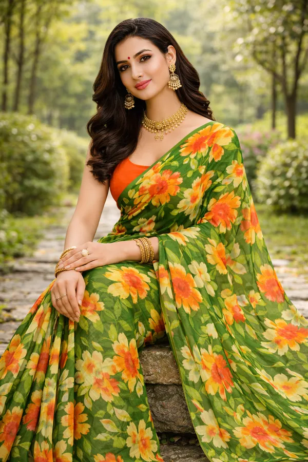Moss_Green_Floral_georgette_saree