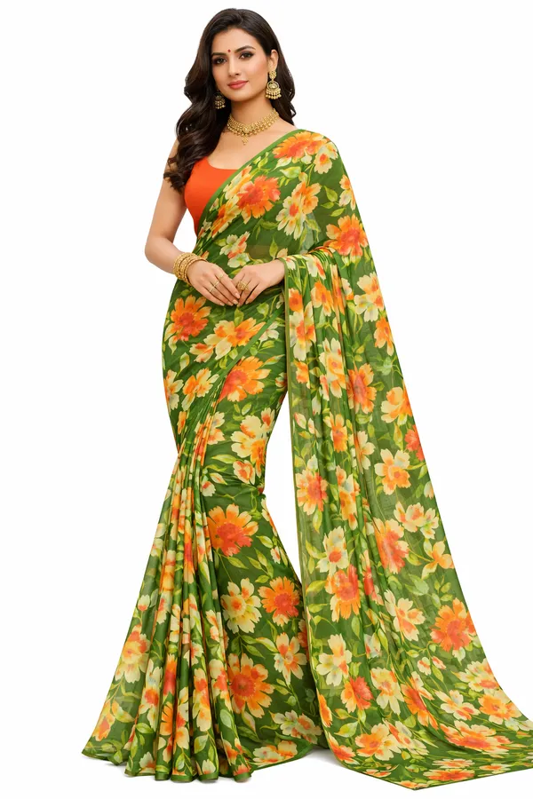 Moss_Green_Floral_georgette_saree