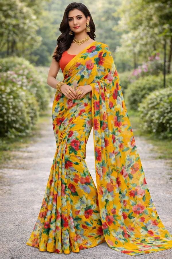 Mustard_Yellow_Floral_georgette_saree