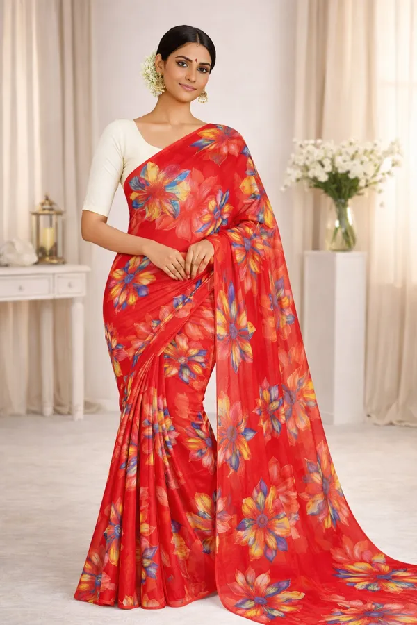Ruby_Red_Floral_Print_goergotte_Saree