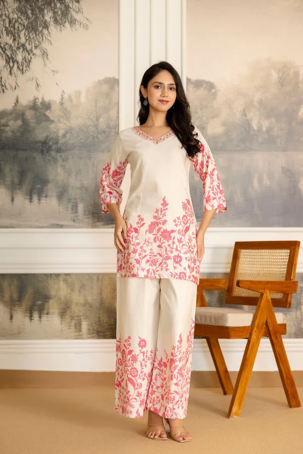 Off-White_Floral_Slub_Co-Ord_Set_For_Women