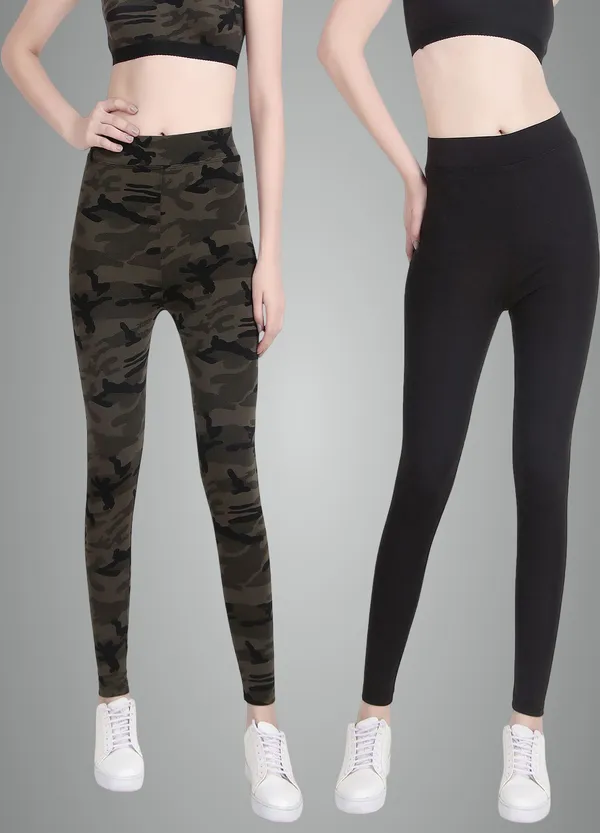 Olive_Green_And_Black_Lycra_Blend_Printed_Solid_Tights_For_Women_Pack_Of_2