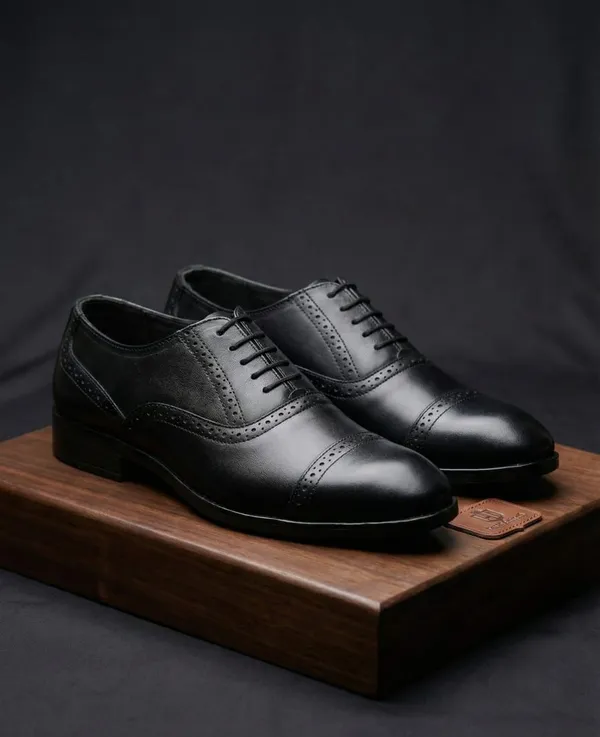 Men's__Premium_Black_Leather_Semi-Brogue_Oxford_Shoes