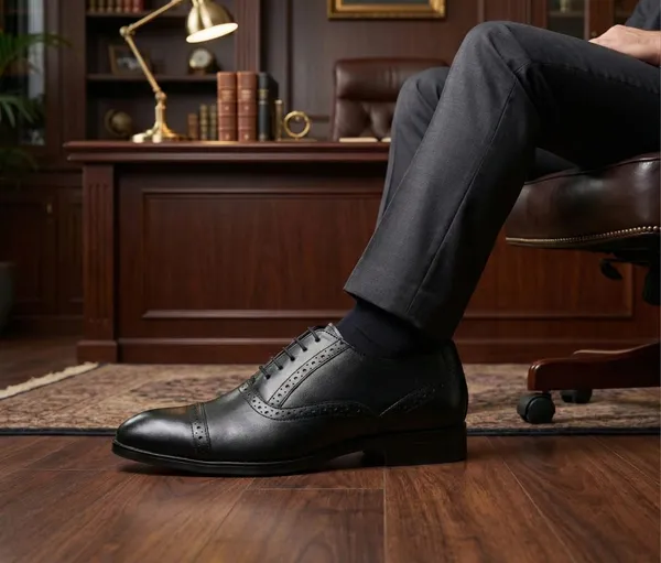 Men's__Premium_Black_Leather_Semi-Brogue_Oxford_Shoes